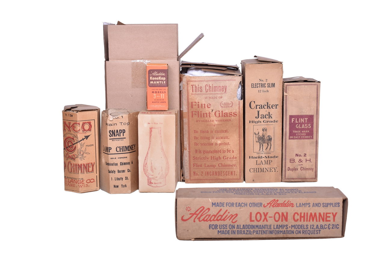 1131 - Group of Nine Flint Glass Slip Chimneys and KoneKap Mantle - Aladdin, Lanco, Cracker Jack, Las Bastie, and More thumbnail