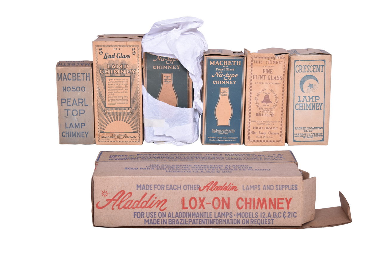 1133 - Group of Seven Glass Slip Lamp Chimneys - Aladdin, Macbeth, Crescent, Bell Flint thumbnail