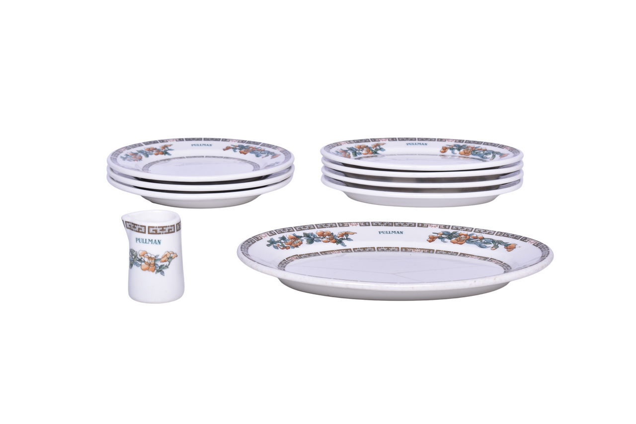 1057 - Nine Pieces of Pullman Railroad China Indian Tree Oval Platters, Bread Plates, and Creamer thumbnail