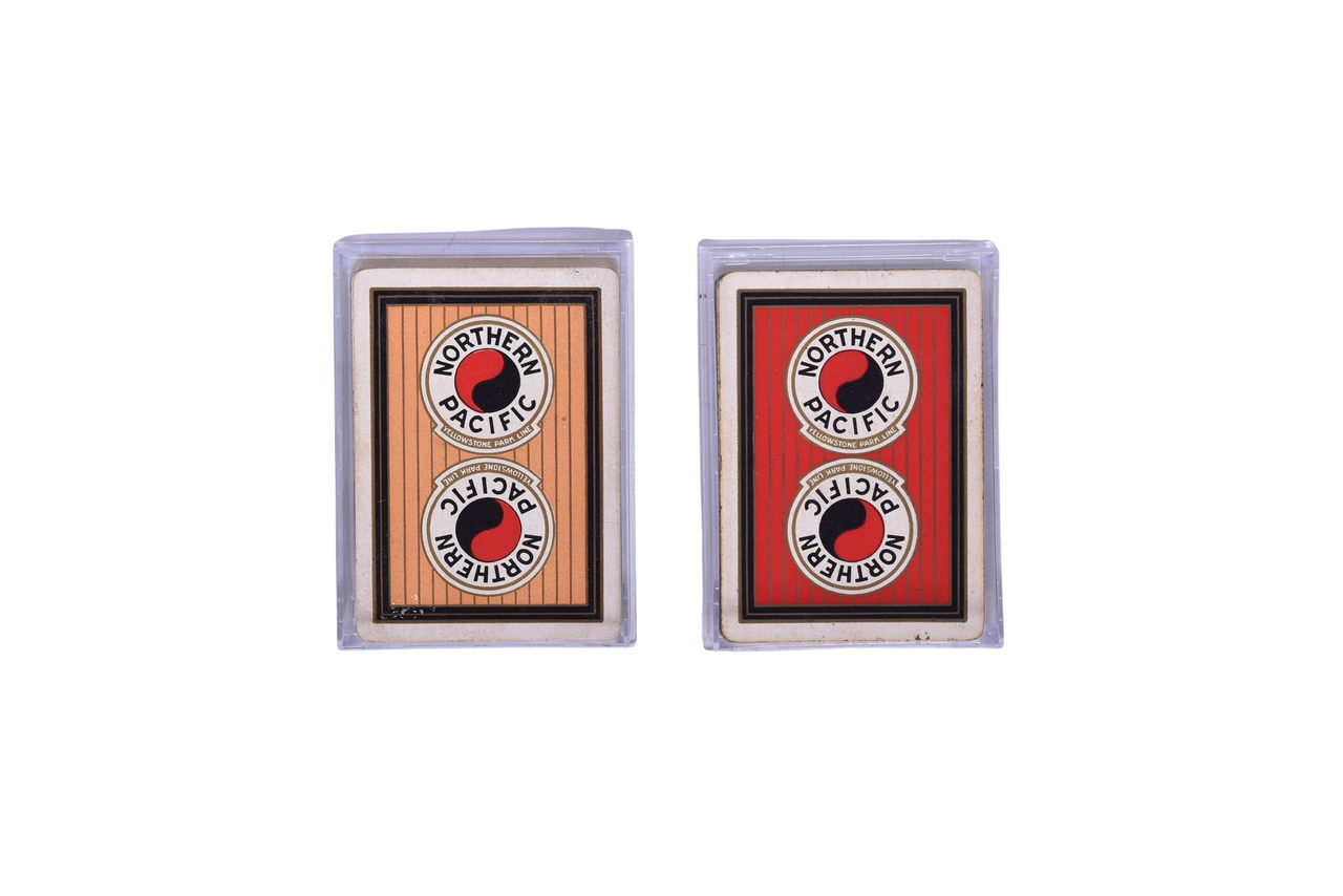 1233 - Pair of Rare Northern Pacific Railroad Playing Cards in Wide Reversible Logo Design Circa 1915 thumbnail