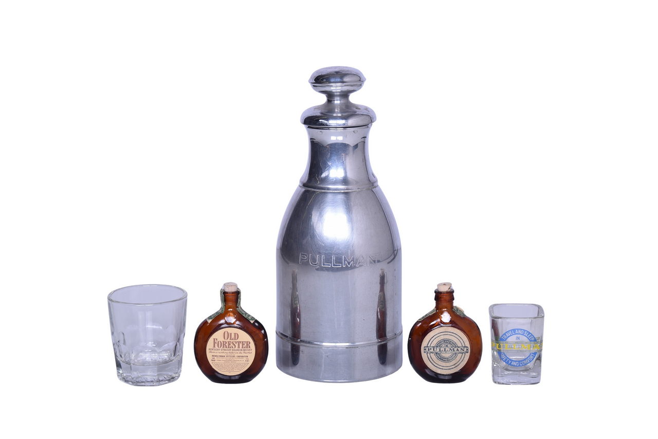 1263 - Pullman Company Railroad Double Shot Glass, Old Forester Whisky Bottles, Stanley Thermos, and Shot Glass thumbnail