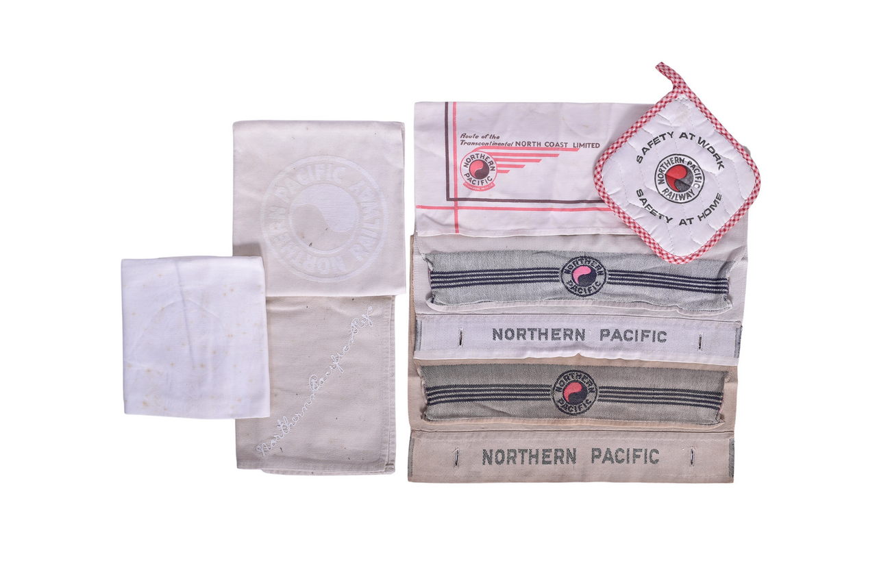 1273 - Seven Northern Pacific Railroad Linen Headrest Covers, Napkins, and Pot Holder thumbnail