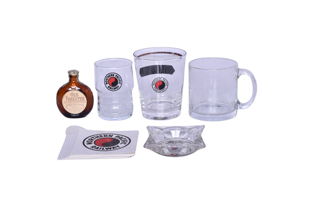 1281 - Northern Pacific Railroad Old Forester Whisky Bottle, Glassware, Ashtray, and Coasters thumbnail