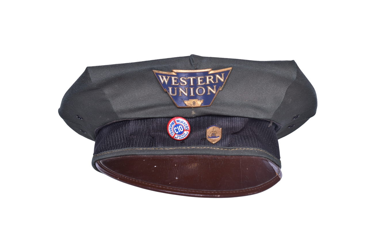 1313 - Western Union Railroad Agent Hat w/ Cap Badge, National Safety Council Pin, and Transport Workers Union Button thumbnail