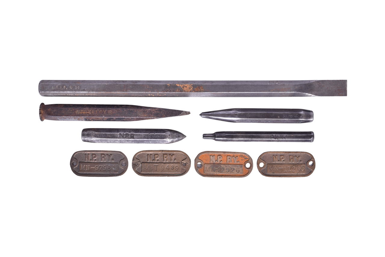 1327 - Group of Northern Pacific Railroad Property Plates / Shop Tags, Spike, Tools, and Santa Fe Pry Bar thumbnail