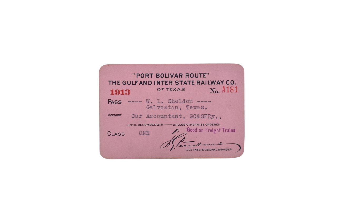 1337 - Gulf and Inter-State Railway of Texas Port Bolivar Route 1913 Annual Pass thumbnail