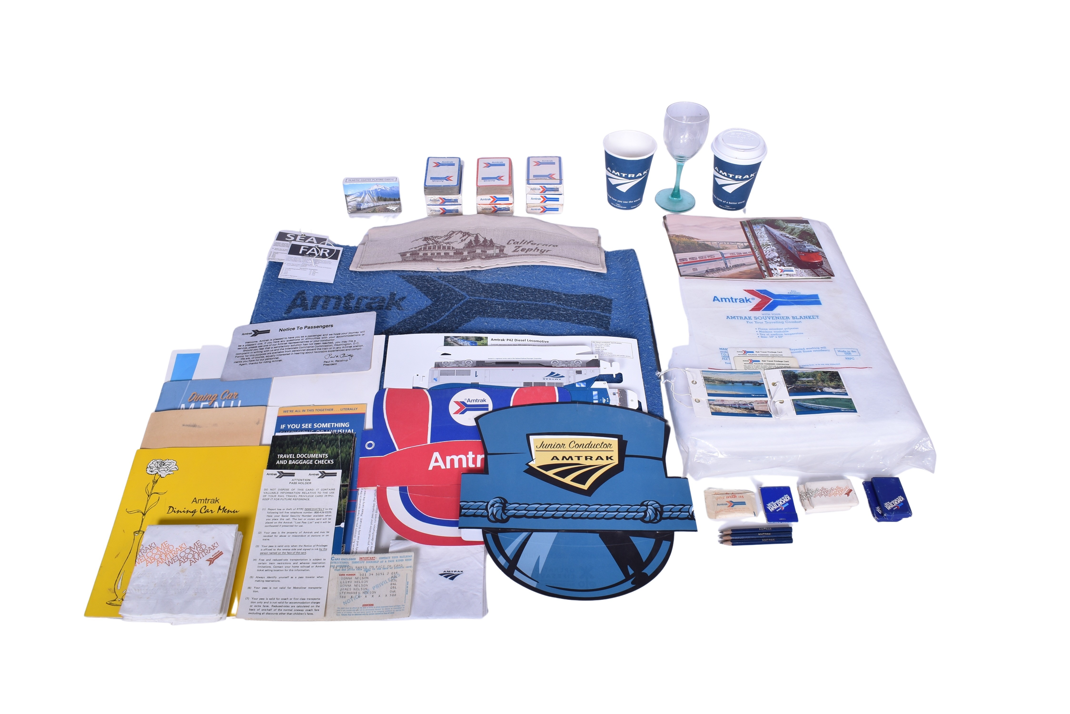 1349 - Collection of Amtrak Railroad Blankets, California Zephyr Headrest Cover, Playing Cards, Wine Glass, Menus, and More thumbnail