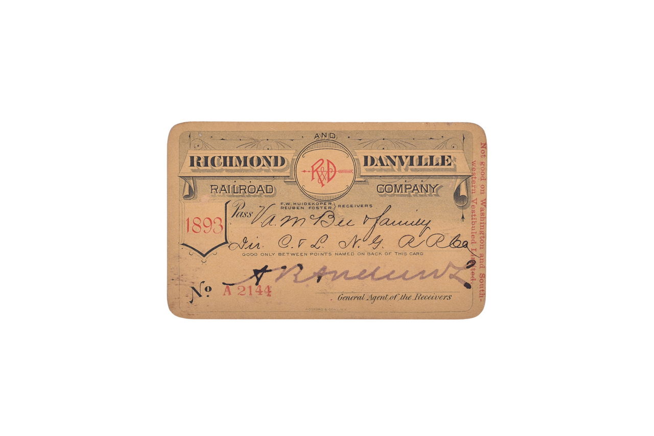 1357 - Richmond & Danville Railroad Company 1893 Annual Pass thumbnail
