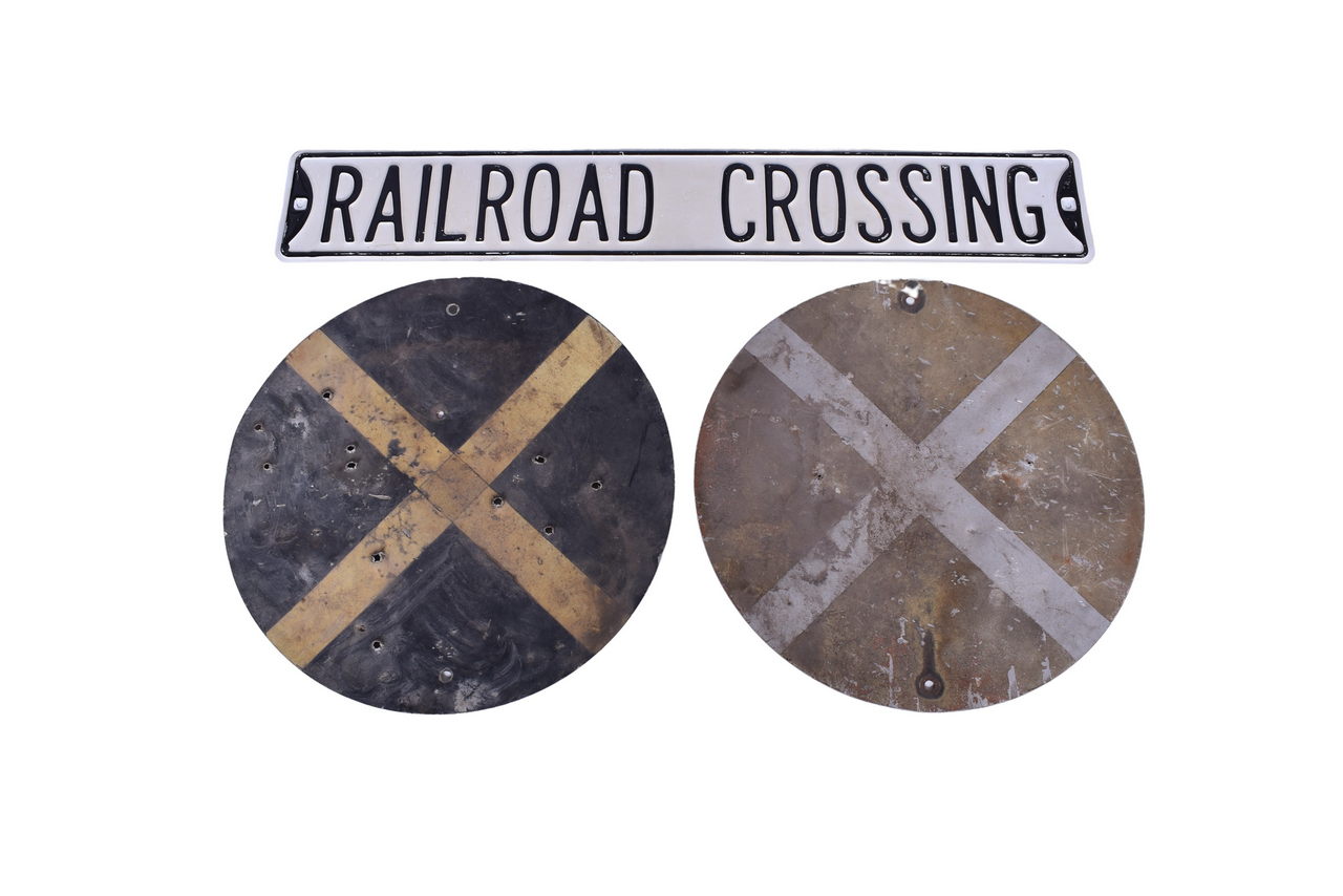 1364 - Trio of Railroad Crossing Signs - Two Round Aluminum, One Porcelain thumbnail