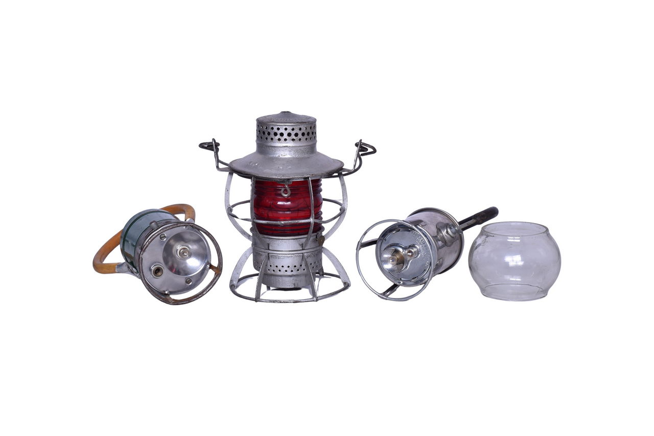 1367 - Dressel Northern Pacific Railroad Lantern w/ Fresnel Globe, ATSF Adlake Hand Lamp, Unmarked Globe, and Lantern thumbnail