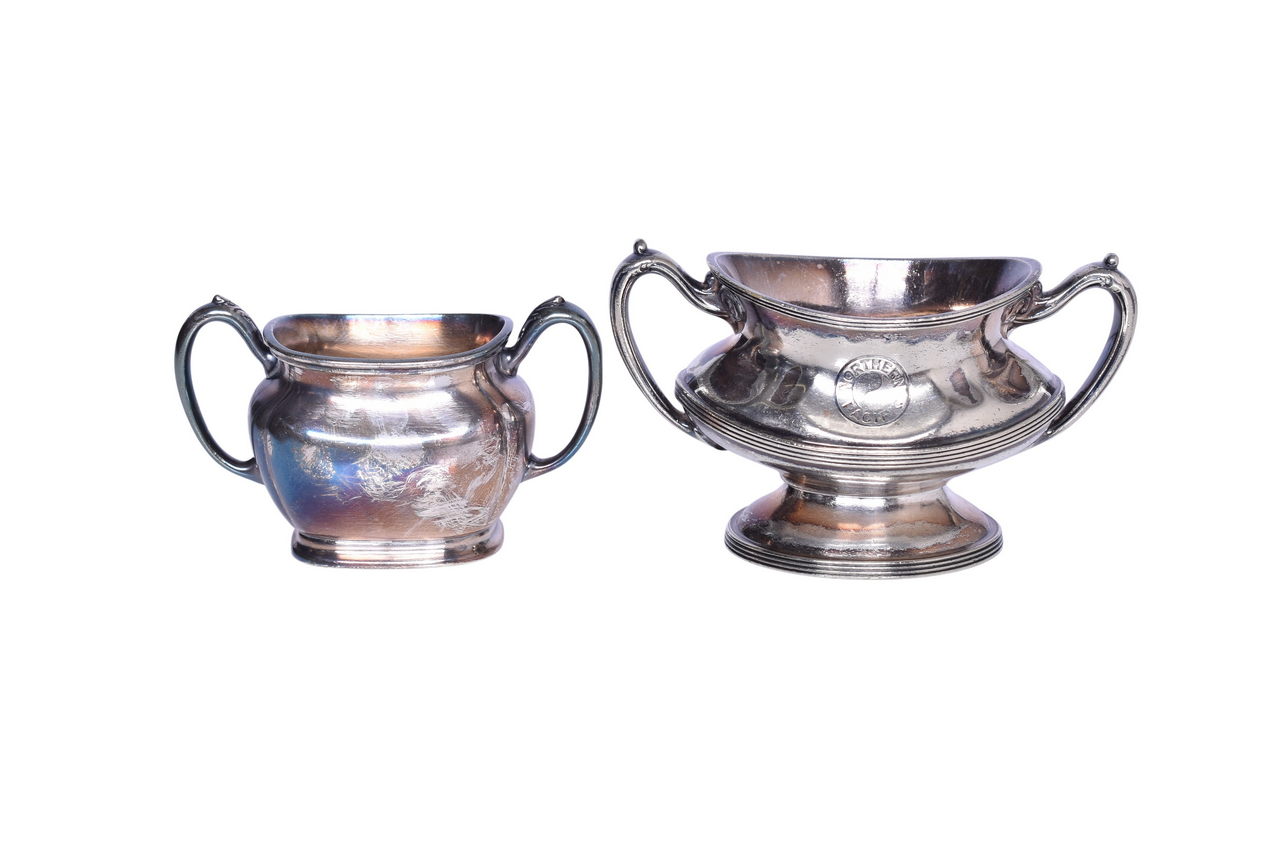 1377 - Pair of Reed & Barton Northern Pacific Railroad Silver Double Handled Sugar Bowls thumbnail