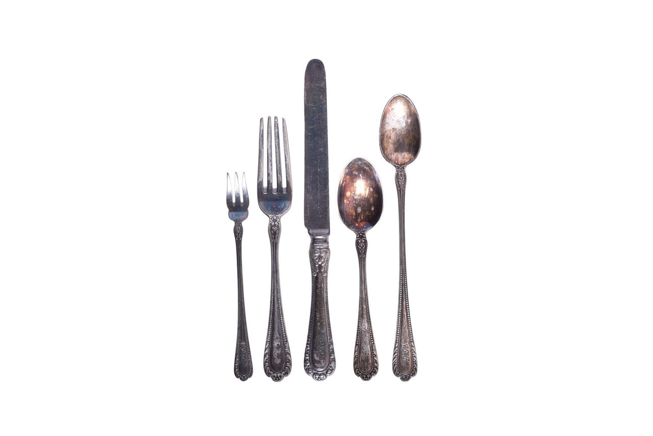 1381 - Five Pieces of Northern Pacific Railroad Gorham Silver Winthrop Flatware Iced Teaspoon, Oyster Fork, Tea Spoon, Etc. thumbnail