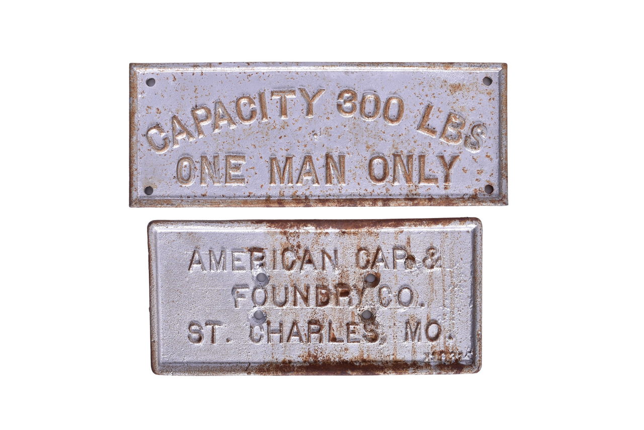 1382 - American Car and Foundry Co. and Capacity 300 Lbs Cast Iron Signs thumbnail