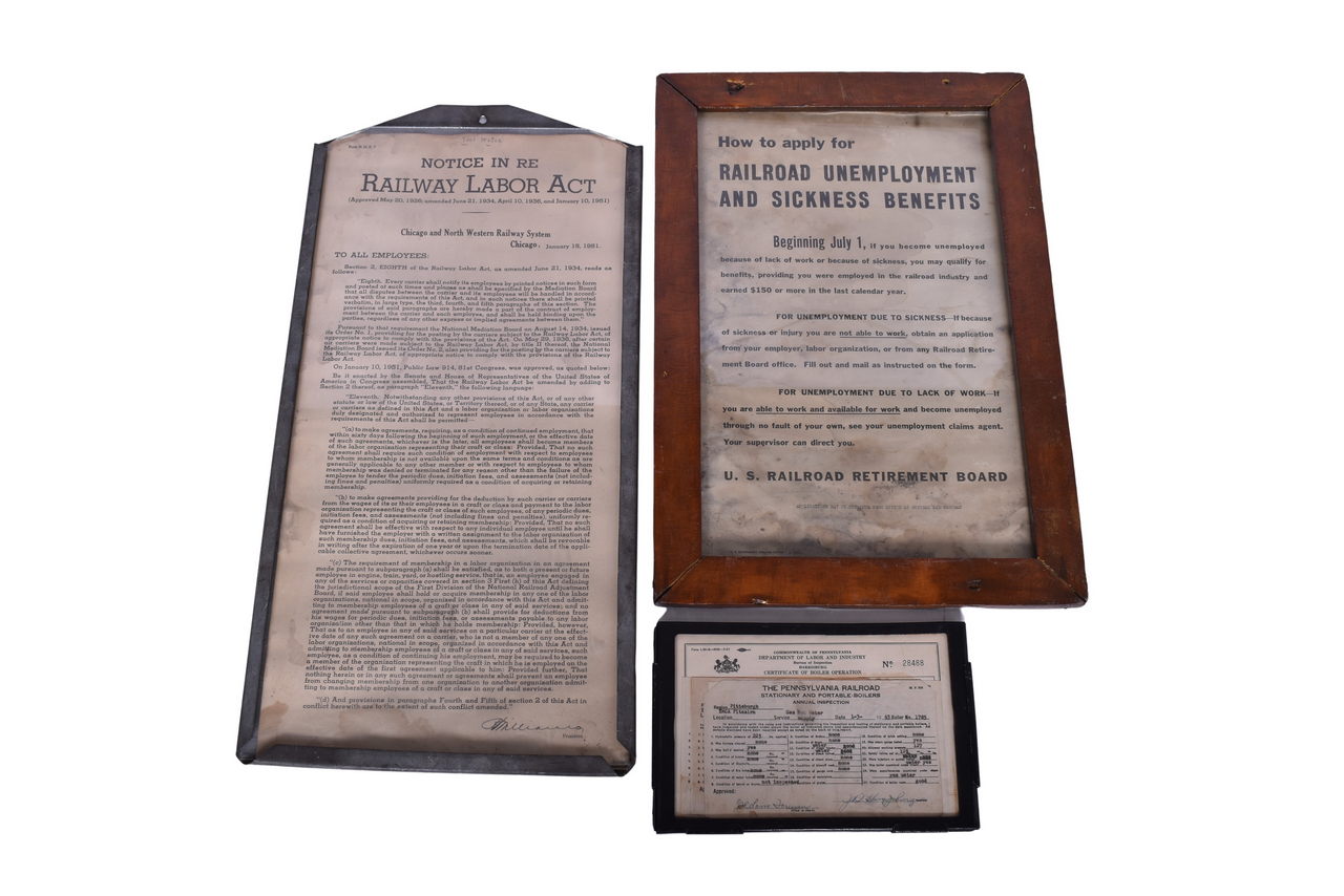 1398 - Pair of Framed Railroad Employee Notices and Framed Annual Inspection Sheet thumbnail