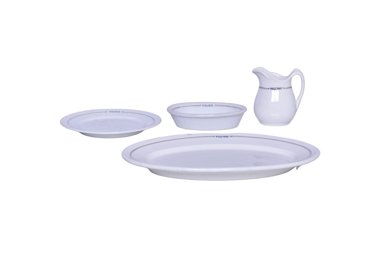 1403 - Four Pieces of Pullman Railroad China Calumet Oval Platter, Bakers Dish, Creamer, and Plate thumbnail
