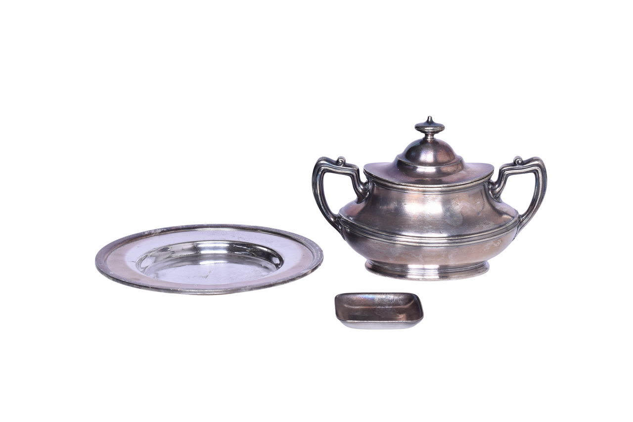 1413 - Three Pieces of Northern Pacific Railway Gorham Silver Double Handled Tureen, Under-Liner Tray Plate, and Square Butter Pat thumbnail