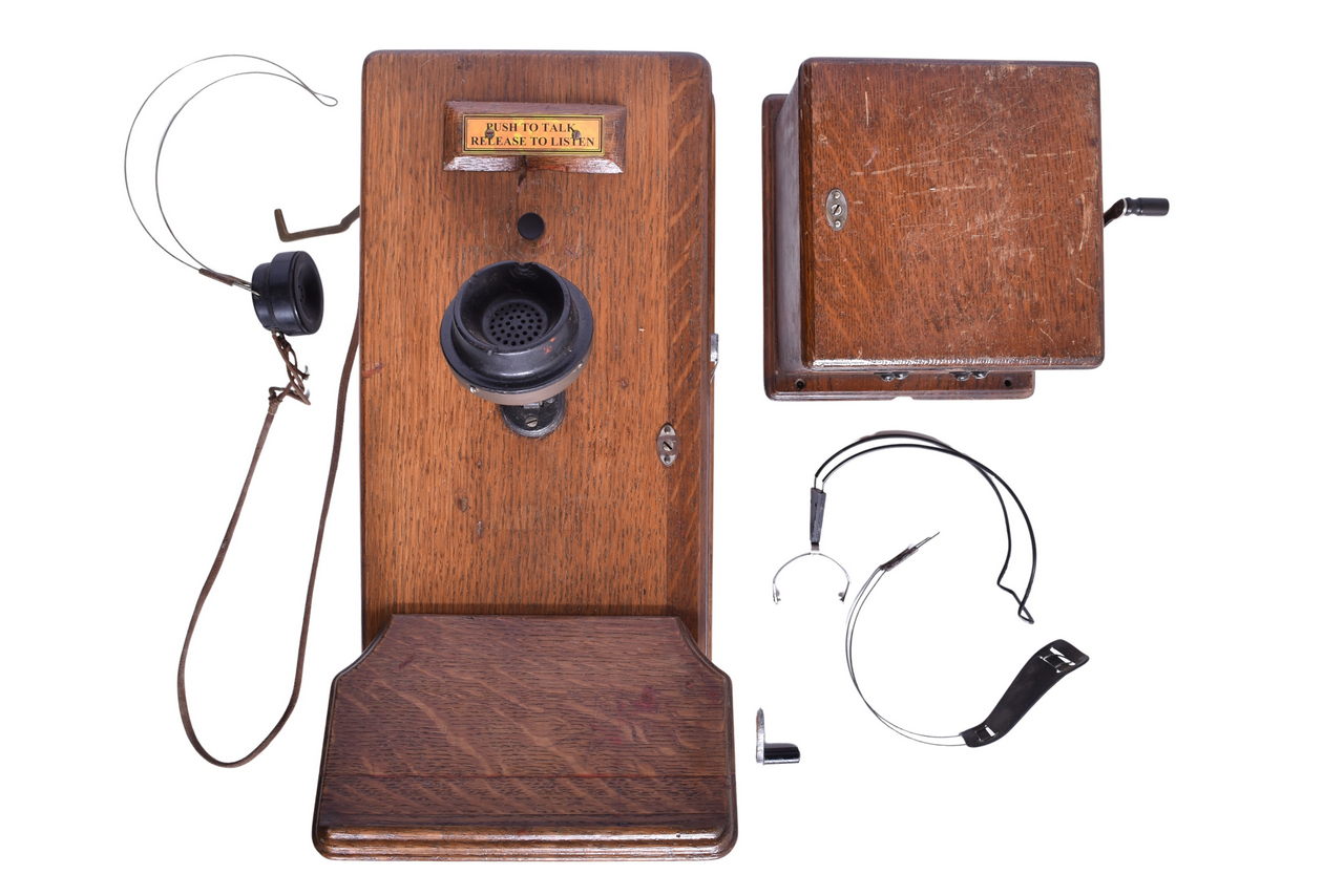 1457 - Western Electric Oak Wall Hanging Crank Telephone, 299F Crank Generator, and Headsets thumbnail