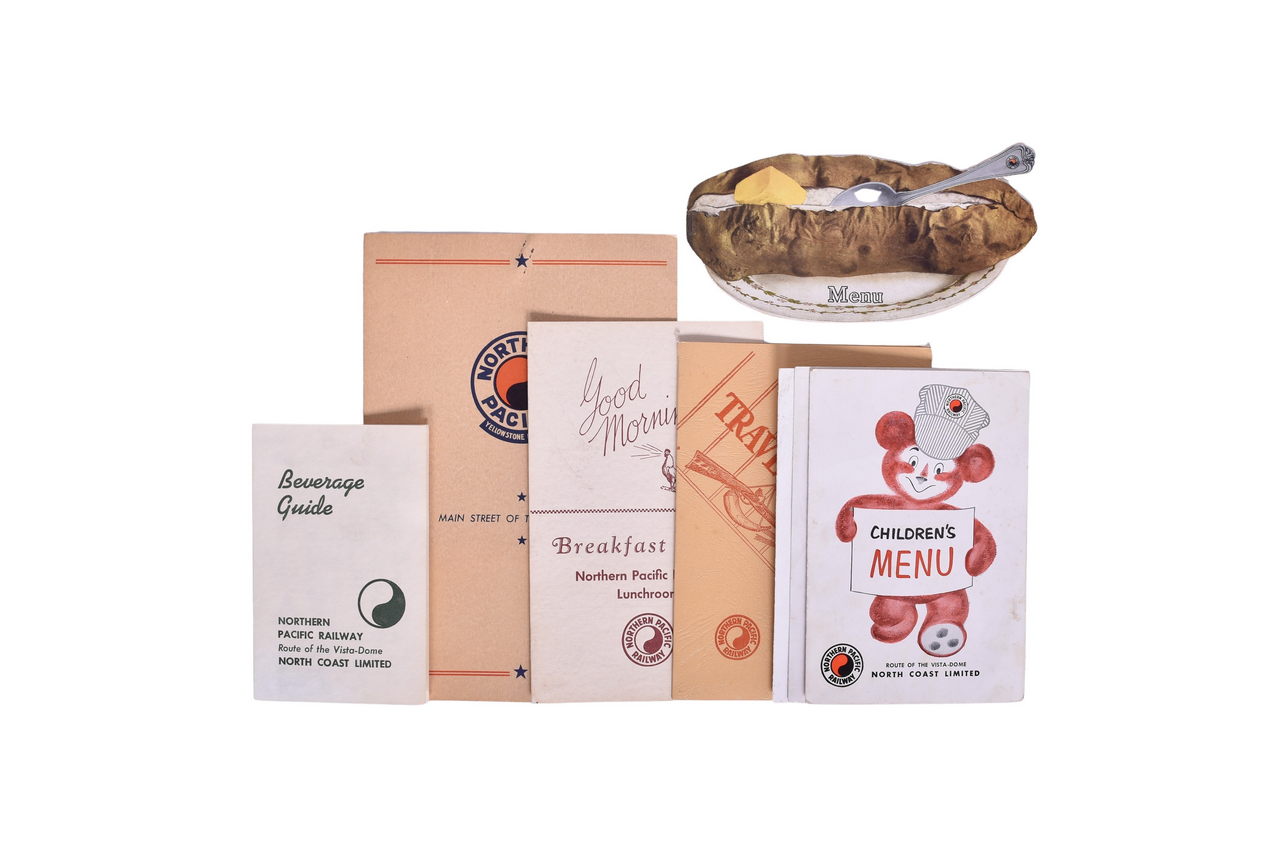 1465 - Eight Northern Pacific Railway Menus - Great Big Baked Potato, Traveller's Rest, Children's Menu, and More thumbnail