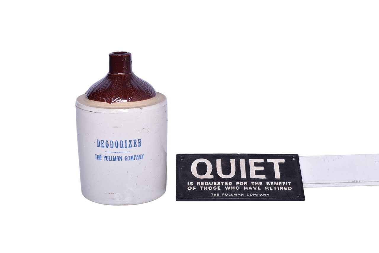 1468 - Pullman Railroad Passenger Car Deodorizer Crock Jug and Cast Iron Quiet Sign thumbnail