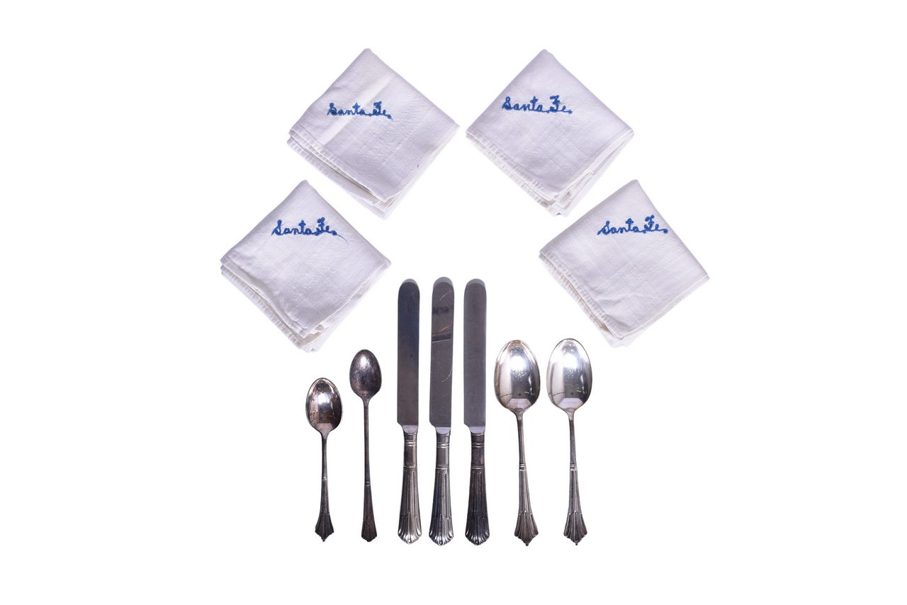 1493 - Group of Atchison, Topeka and Santa Fe Railway Dining Car Flatware and Embroidered Cloth Napkins thumbnail