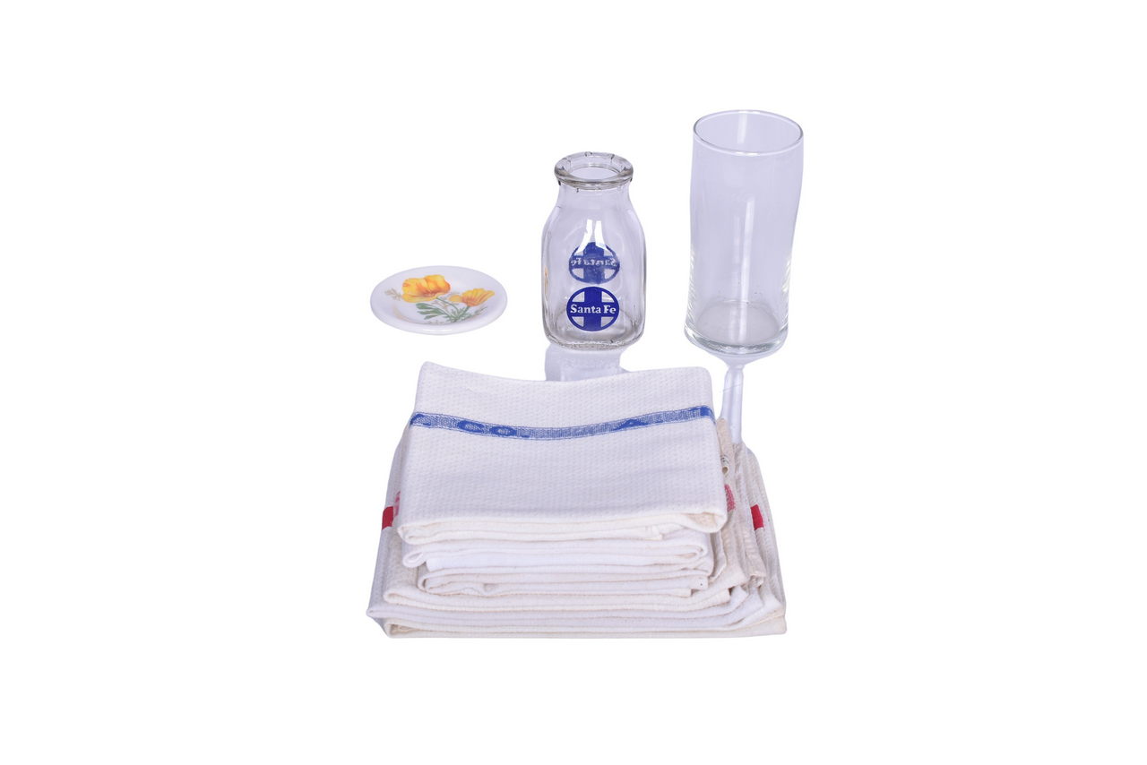1495 - Nine Atchison, Topeka and Santa Fe Railroad Dining Car Items - Cloth Towels, Drinking Glass, China Butter Pat, and Fantasy Milk Bottle thumbnail