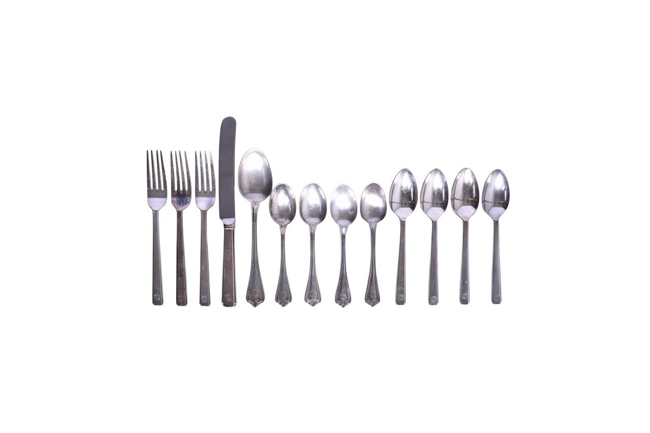 1513 - Thirteen Pieces of Northern Pacific Railroad Monad Flatware - Alden and Embassy Spoons, Forks, and Knife thumbnail