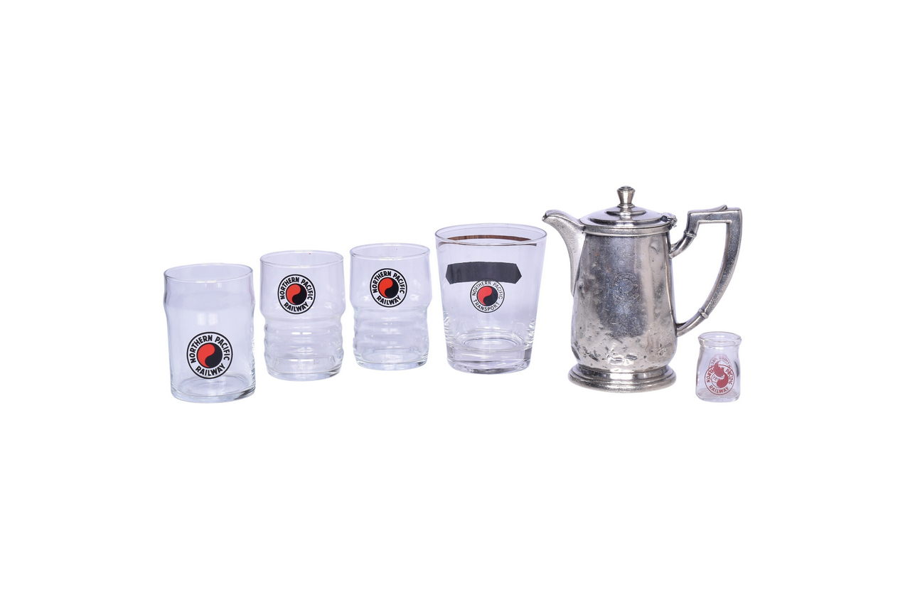 1545 - Northern Pacific Railroad Silver Coffee Pot and Glassware thumbnail