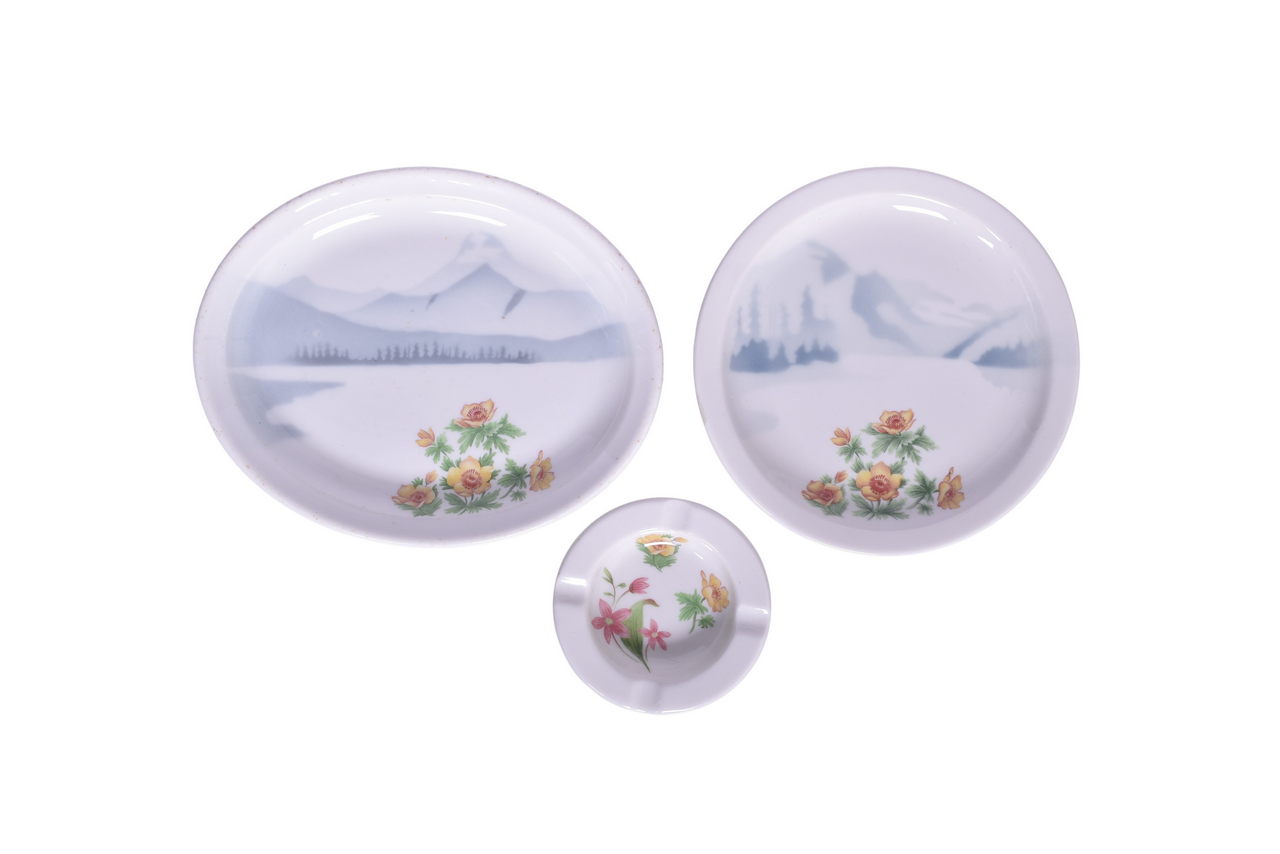 1557 - Great Northern Railway Syracuse China Mountains & Flowers Oval Platter, Bread Plate, and Ash Tray thumbnail