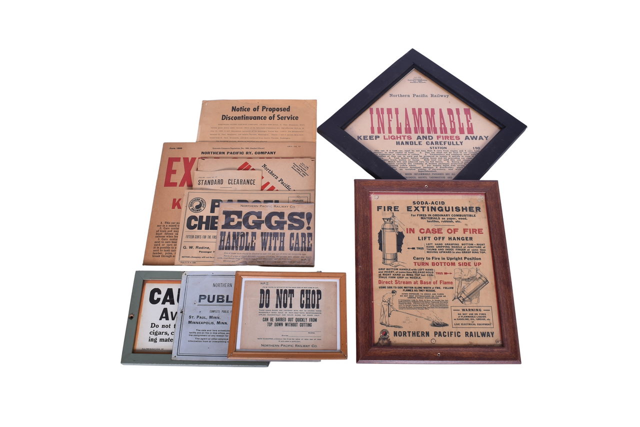 1581 - Twenty-Three Northern Pacific Railroad Inflammable Placards, EGGS!, Parcel Check, and Tin Public Notice Sign thumbnail