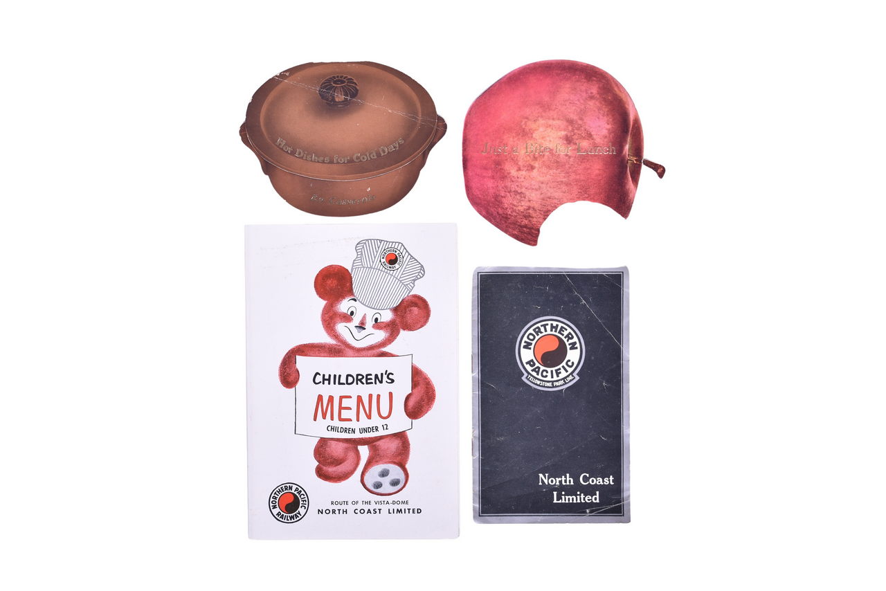 1595 - Four Northern Pacific Railroad Dining Car Menus Including Die Cut Apple, Hot Dish, Children's Menu, and North Coast Limited thumbnail