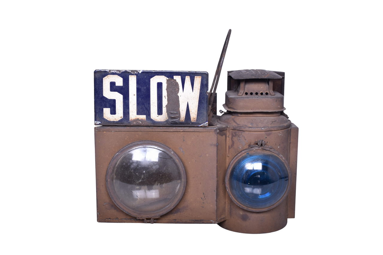 1602 - Adams & Westlake Railroad Block / Slow Order Lamp w/ Porcelain Slow Sign thumbnail