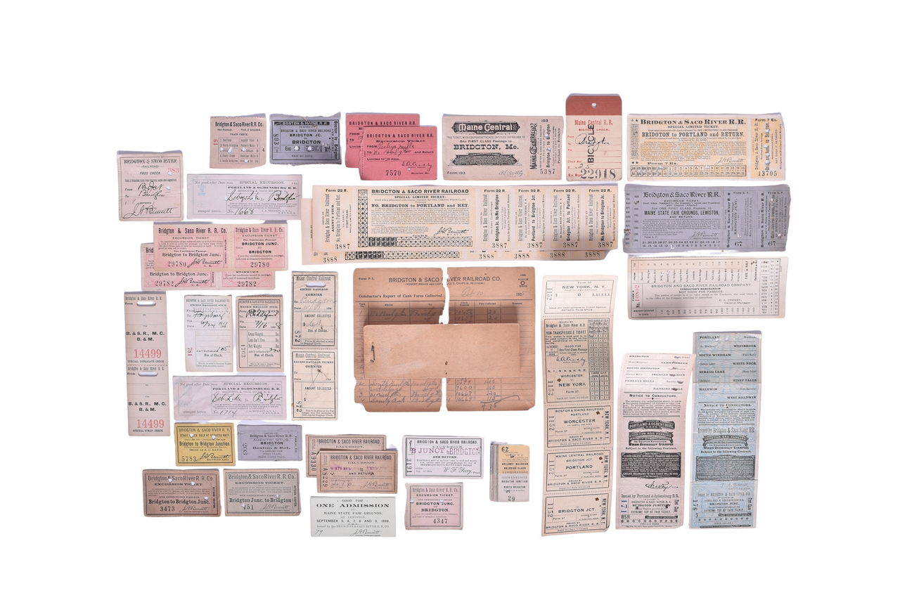 1675 - Group of Bridgton & Saco River Railroad Paper Ephemera - Tickets, Unused Excursion Ticket Booklet, Etc. thumbnail