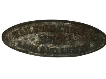 1562 - Cast Iron Oval Railroad Crossing - Stop, Look, and Listen Sign thumbnail