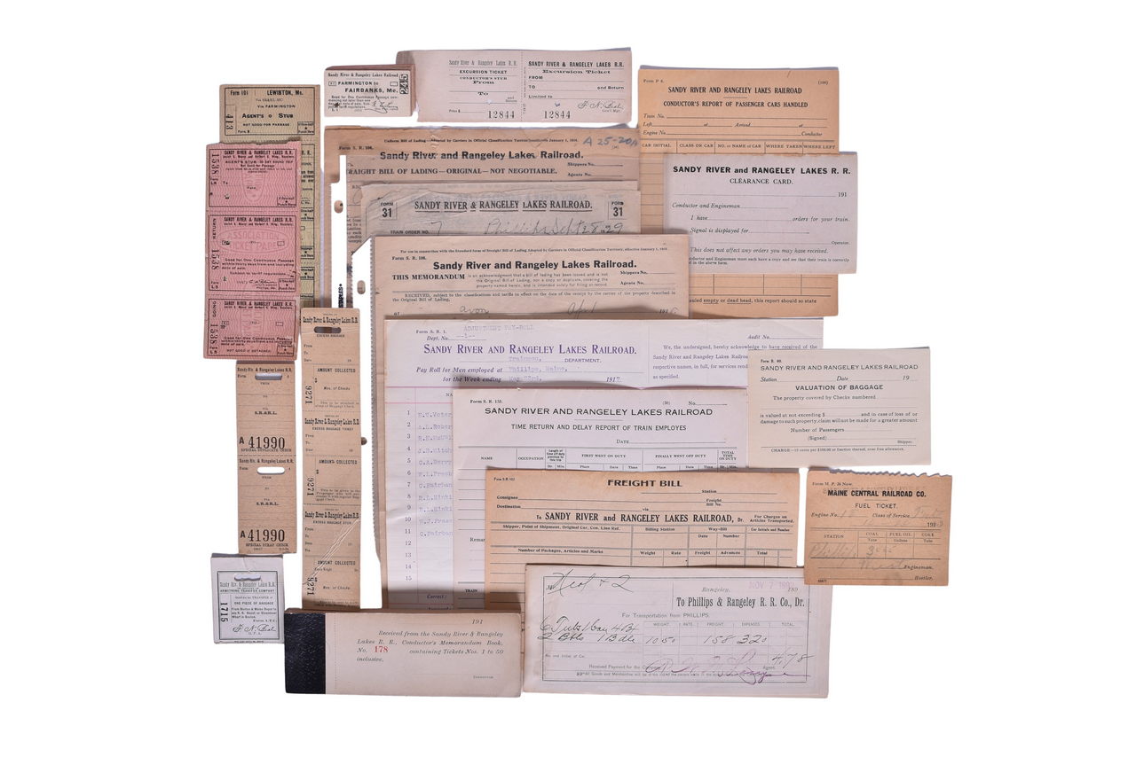 1677 - Collection of Sandy River & Rangeley Lakes Railroad Paper Ephemera - Tickets, Conductor's Memorandum, Etc. thumbnail