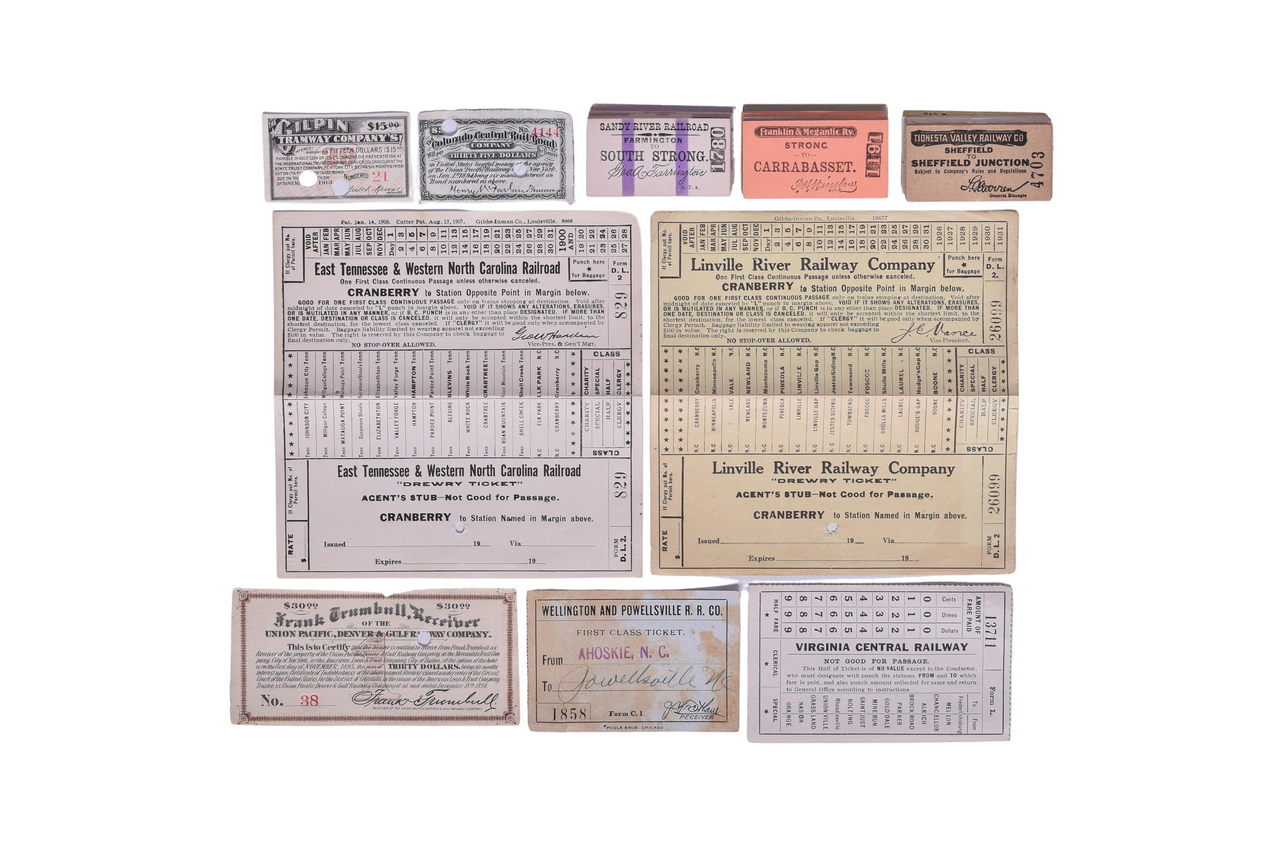 1679 - Mixed Group of Railroad Tickets and Stock Coupons - Sandy River, Franklin & Megantic, Tionesta Valley, and More thumbnail