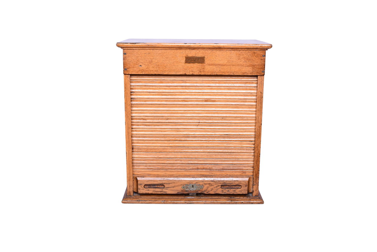 1683 - Rand McNally Oak Roll Front Wooden Railroad Depot Cabinet w/ Key and Assorted Paper Ephemera thumbnail