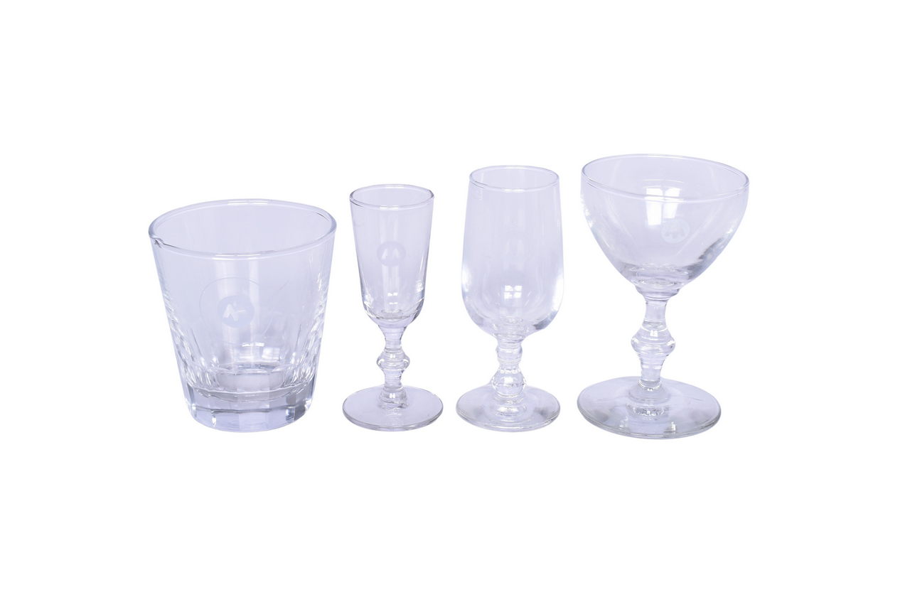 1689 - Set of Four Monon Railroad Stemmed Drinking Glasses - Wine, Champagne, Cordial, and Old Fashioned Rocks Glass thumbnail