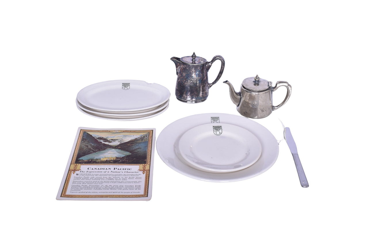 1695 - Nine Canadian Pacific Railroad Dining Car Items - Special Menu, Silver Pitcher, Teapot, China Plates, and Knife thumbnail