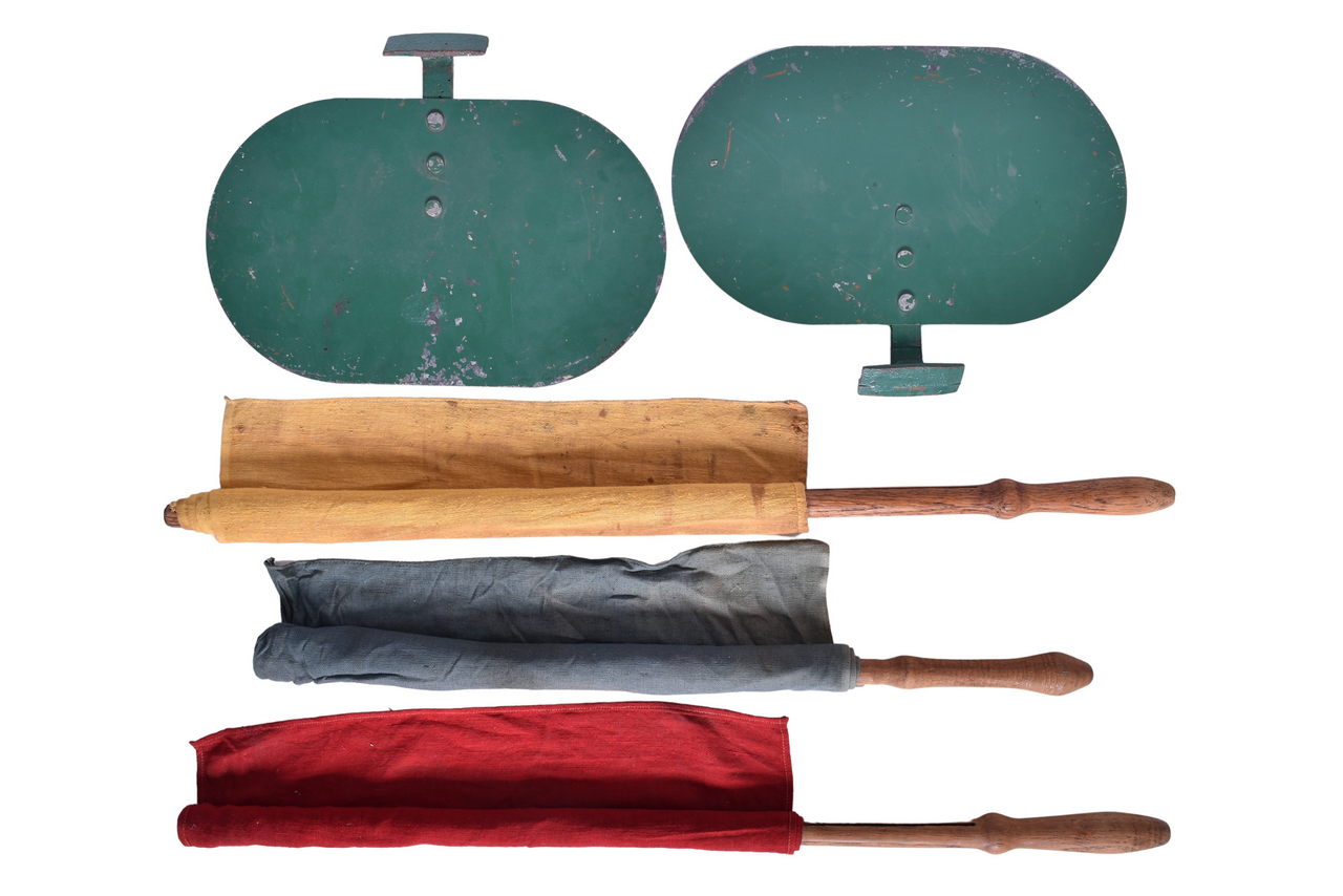 1698 - Trio of Railroad Tower/Watchman Flags and Pair of Northern Pacific Caboose Markers thumbnail