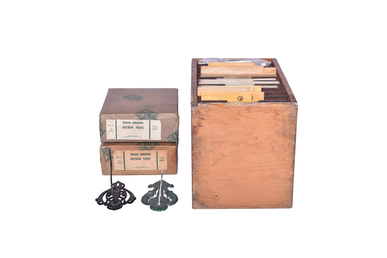 1700 - Northern Pacific Railroad Paper Organizer, Unopened Train Order Forms, Pair of Order Hooks thumbnail
