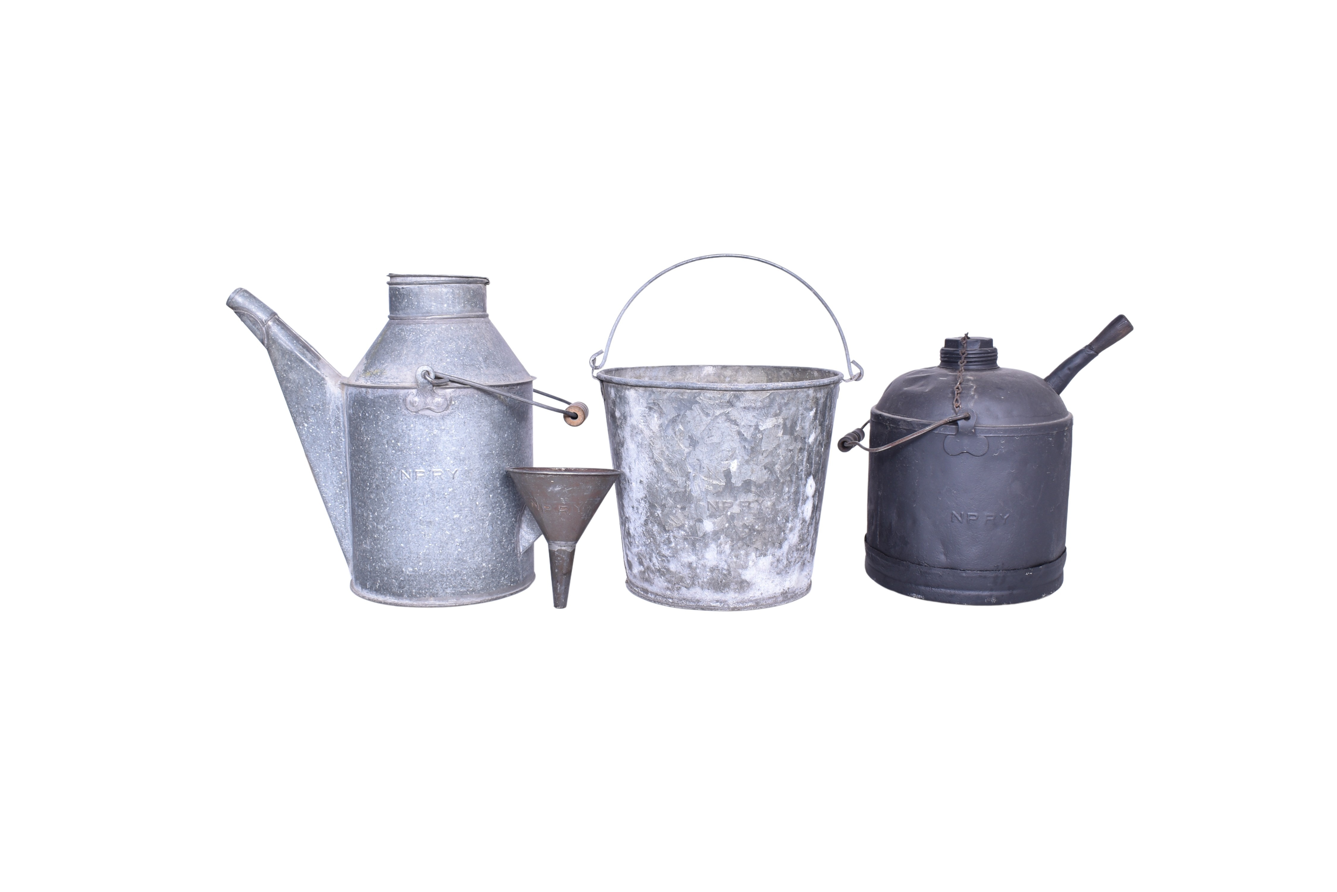 1725 - Four Pieces of Northern Pacific Railroad Tin Ware - Bucket, Oil Can, Kerosene Canister, and Funnel thumbnail