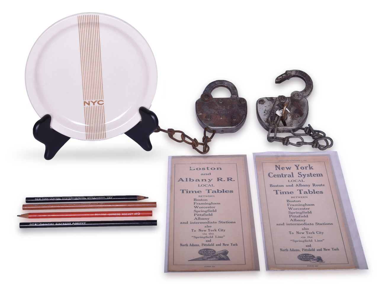2046 - New York Central System Railroad Items - Mercury China Plate, Boston & Albany Timetables, Locks, Keys, and Pencils thumbnail