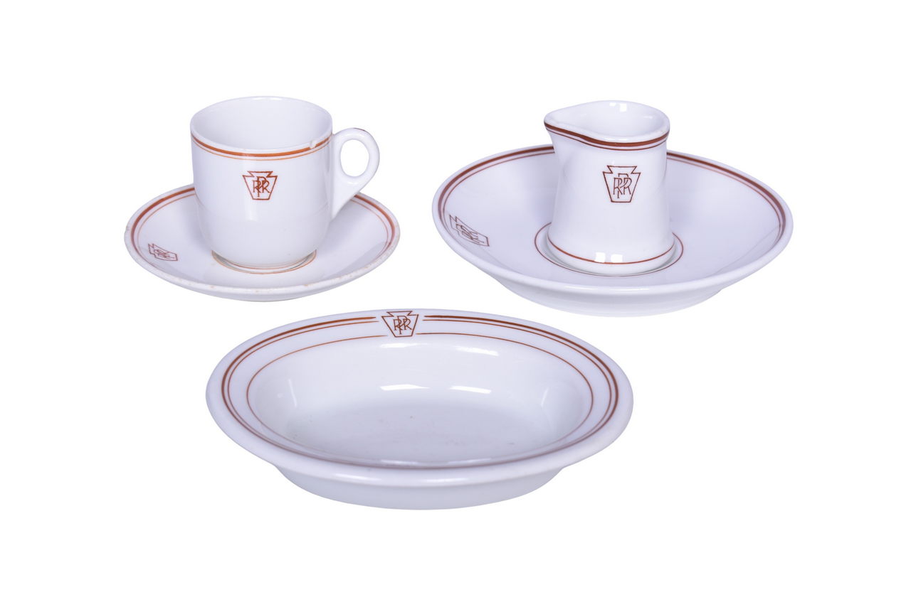 2055 - Five Pieces of Pennsylvania Railroad Keystone China Demitasse Set, Creamer, Saucer, and Bakers Dish thumbnail