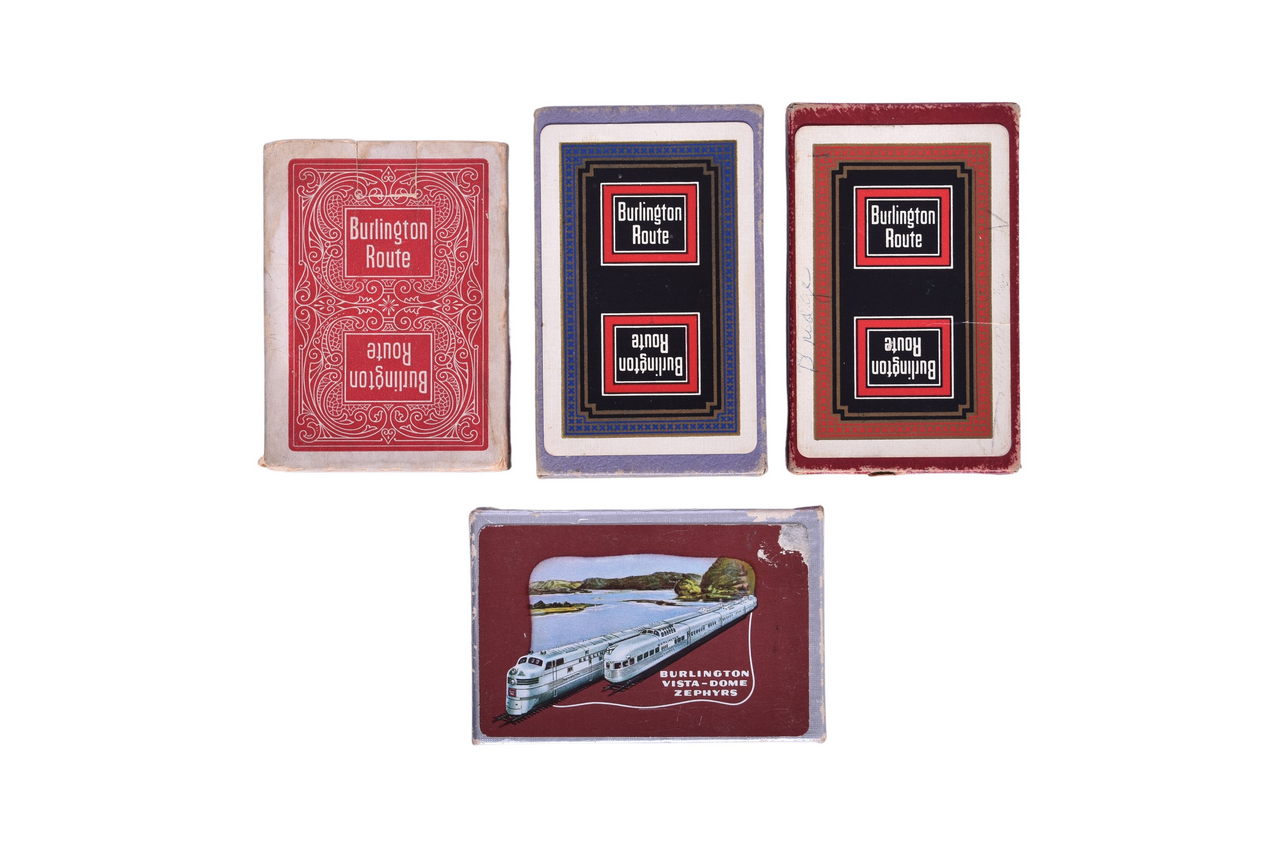 2155 - Four Burlington Route Playing Card Decks Including Early 1910 Pinochle Deck thumbnail