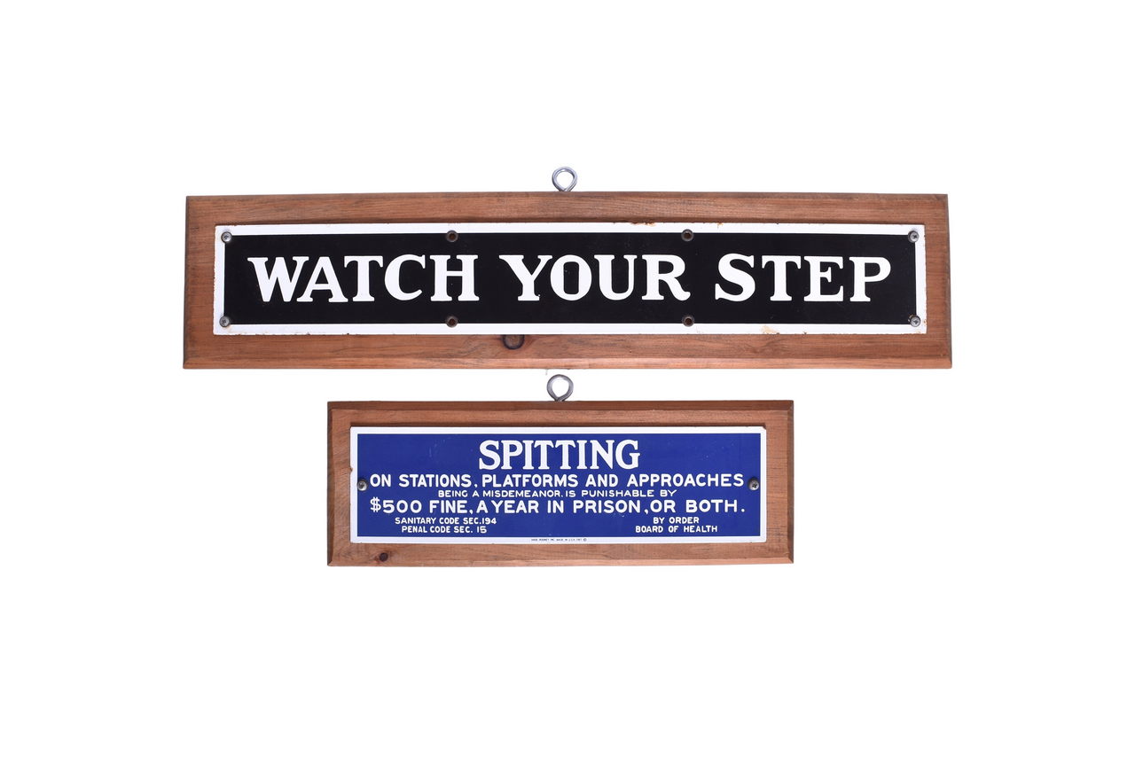 2164 - Pair of Porcelain Railroad Signs - Watch Your Step and Reproduction Spitting Sanitary Code thumbnail
