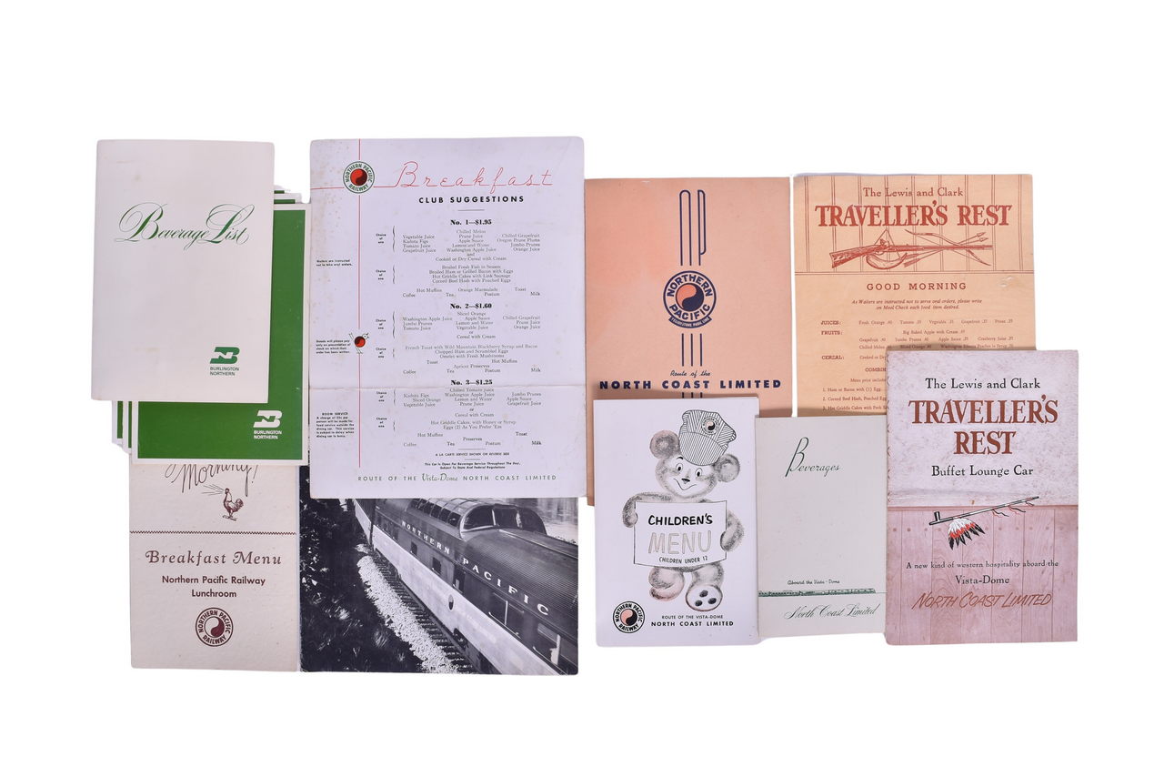 2189 - Eleven Northern Pacific and Burlington Northern Railroad Menus - Traveller's Rest, Children's Menu, Etc. thumbnail