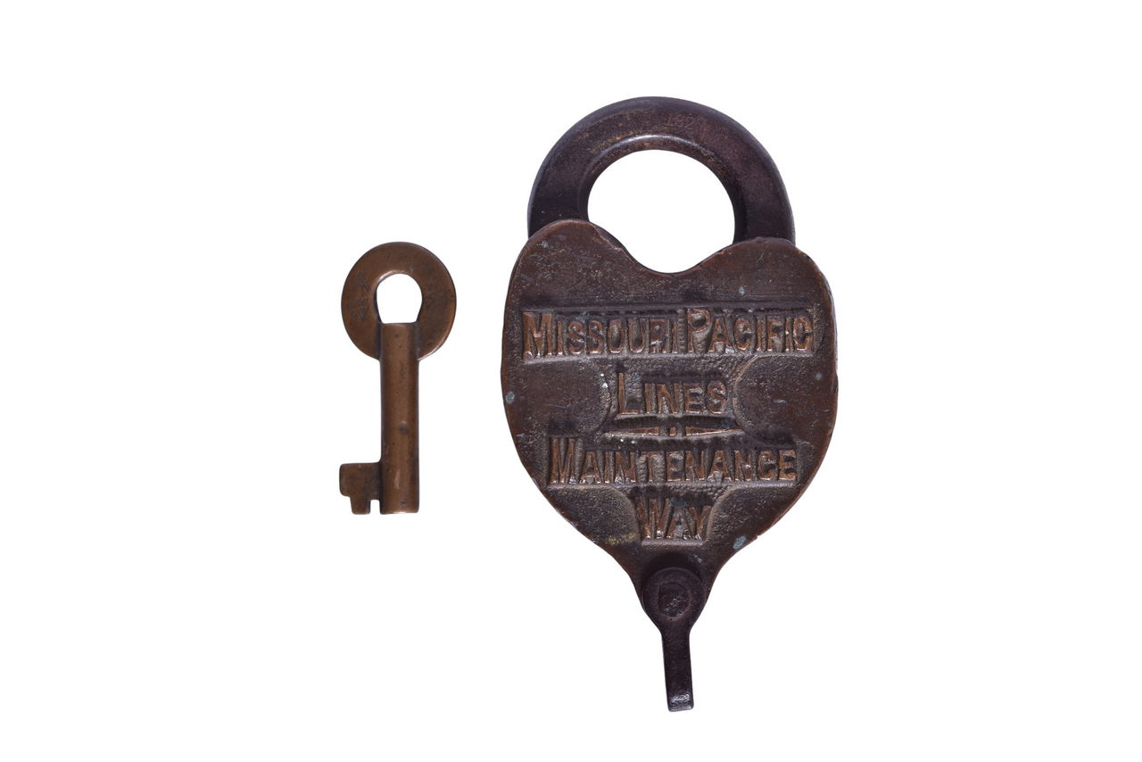 2213 - Missouri Pacific Railroad Maintenance Way Brass Heart Lock w/ Key thumbnail