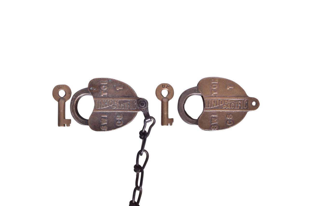 2245 - Pair of Union Pacific Railroad Adlake CS 1 Brass Switch Locks w/ Keys thumbnail