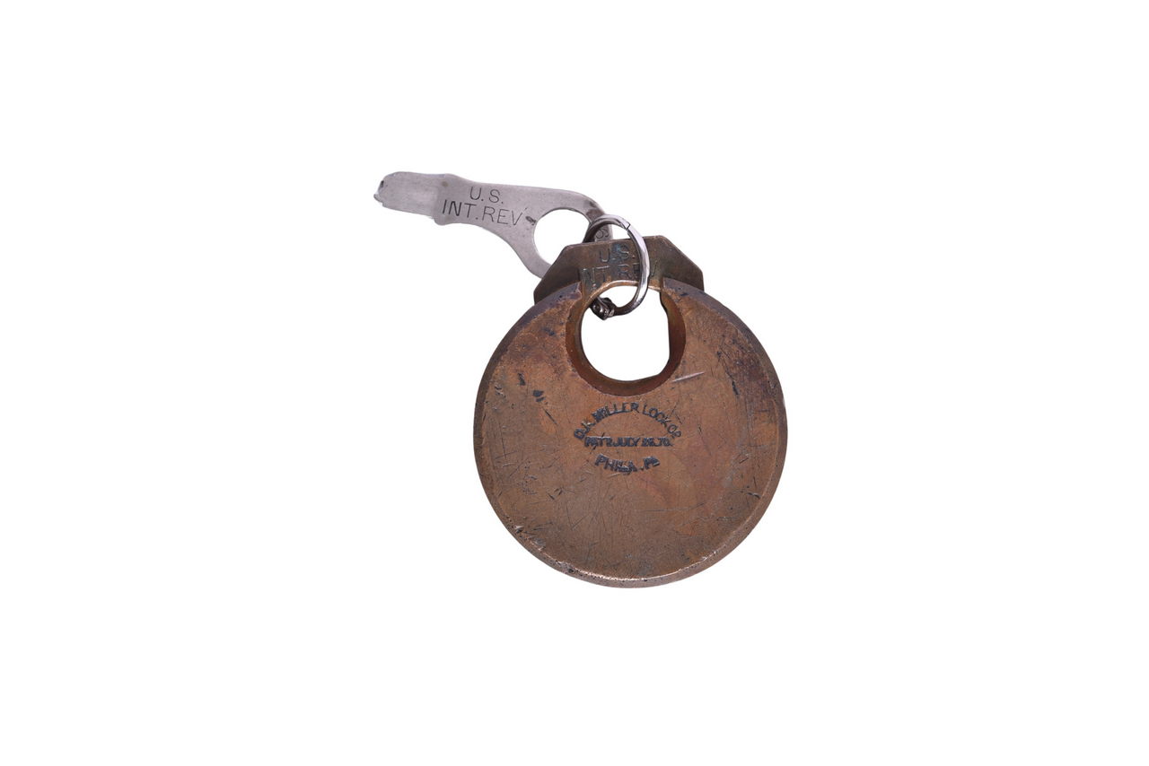2247 - Miller US Internal Revenue Service Six Lever Brass Pancake Lock w/ Original Key thumbnail