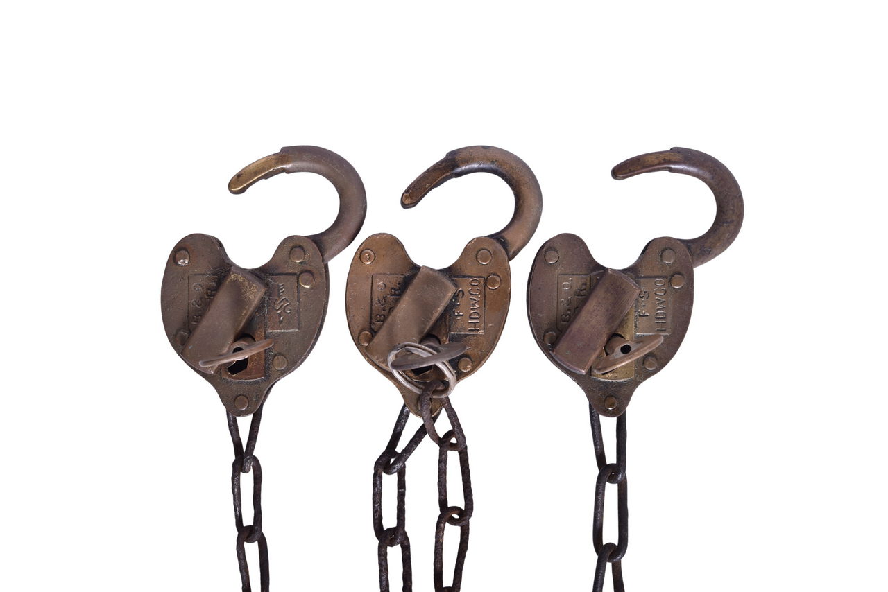 2251 - Three Baltimore and Ohio Railroad Brass Heart Shaped Locks w/ Keys thumbnail